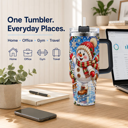 #pl[40oz|Black] Jeweled Snowman 40oz Tumbler with Handle, Winter Stainless Steel Cup