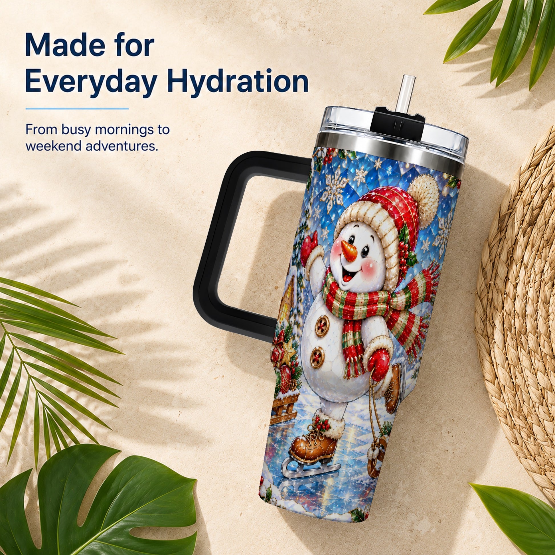 #pl[40oz|Black] Jeweled Snowman 40oz Tumbler with Handle, Winter Stainless Steel Cup