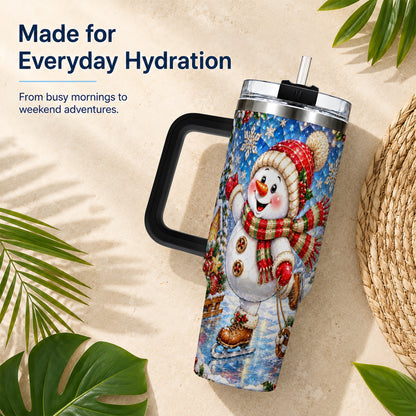 #pl[40oz|Black] Jeweled Snowman 40oz Tumbler with Handle, Winter Stainless Steel Cup