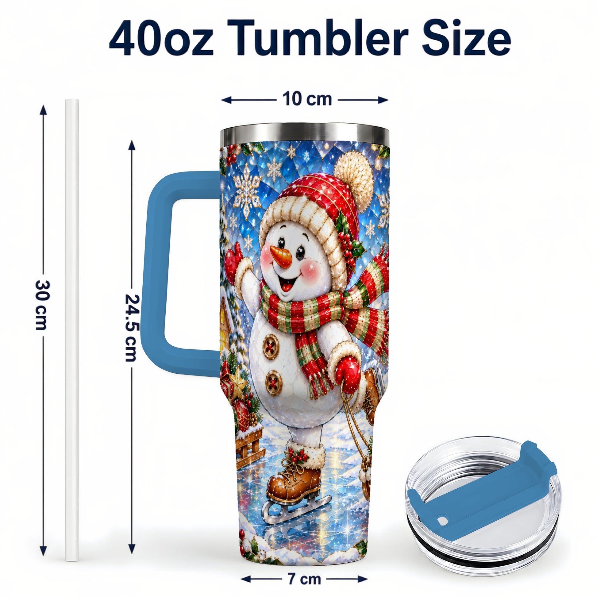 #pl[40oz|Blue] Jeweled Snowman 40oz Tumbler with Handle, Winter Stainless Steel Cup