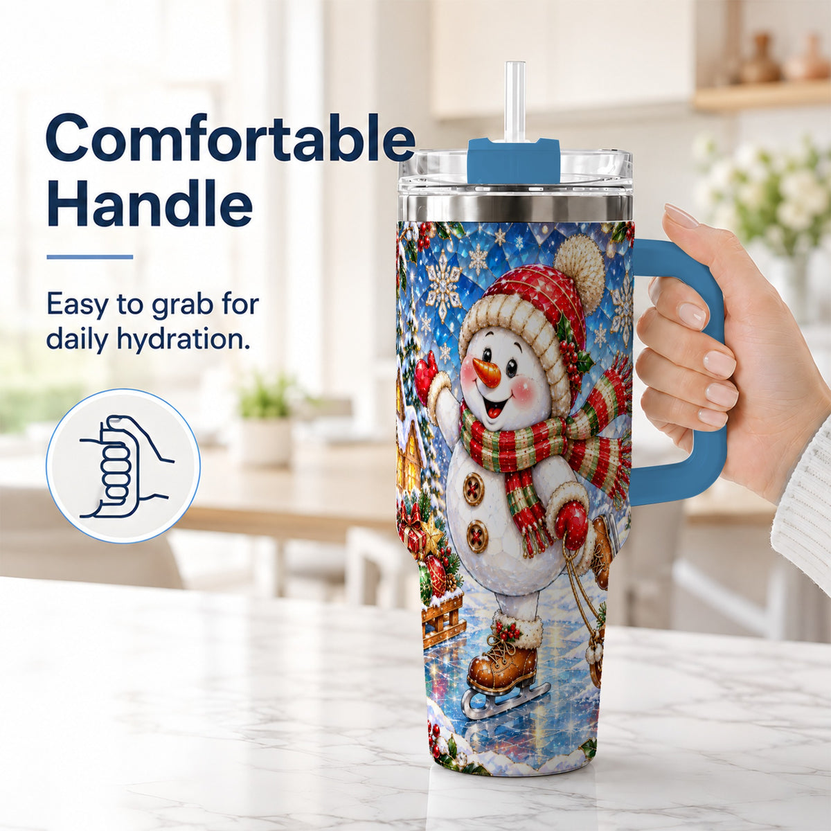 #pl[40oz|Blue] Jeweled Snowman 40oz Tumbler with Handle, Winter Stainless Steel Cup