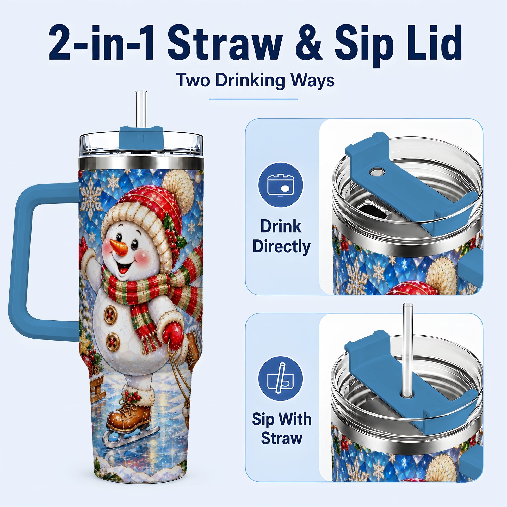 #pl[40oz|Blue] Jeweled Snowman 40oz Tumbler with Handle, Winter Stainless Steel Cup