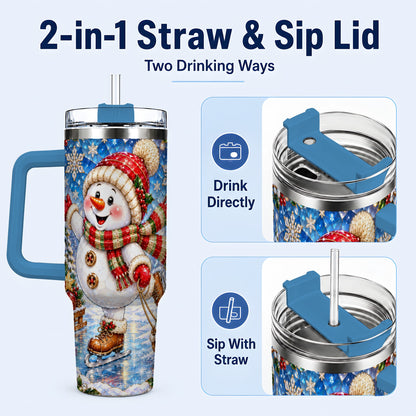 #pl[40oz|Blue] Jeweled Snowman 40oz Tumbler with Handle, Winter Stainless Steel Cup