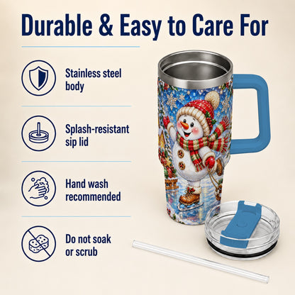 #pl[40oz|Blue] Jeweled Snowman 40oz Tumbler with Handle, Winter Stainless Steel Cup
