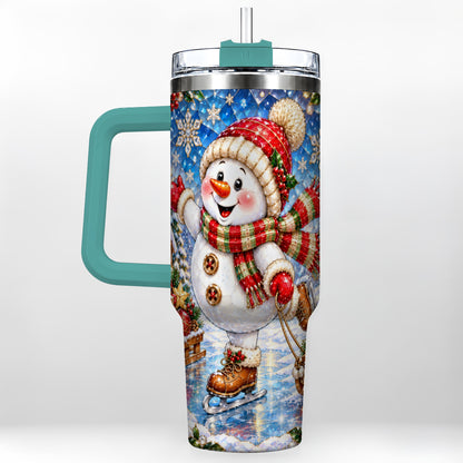 #pl[40oz|Green] Jeweled Snowman 40oz Tumbler with Handle, Winter Stainless Steel Cup
