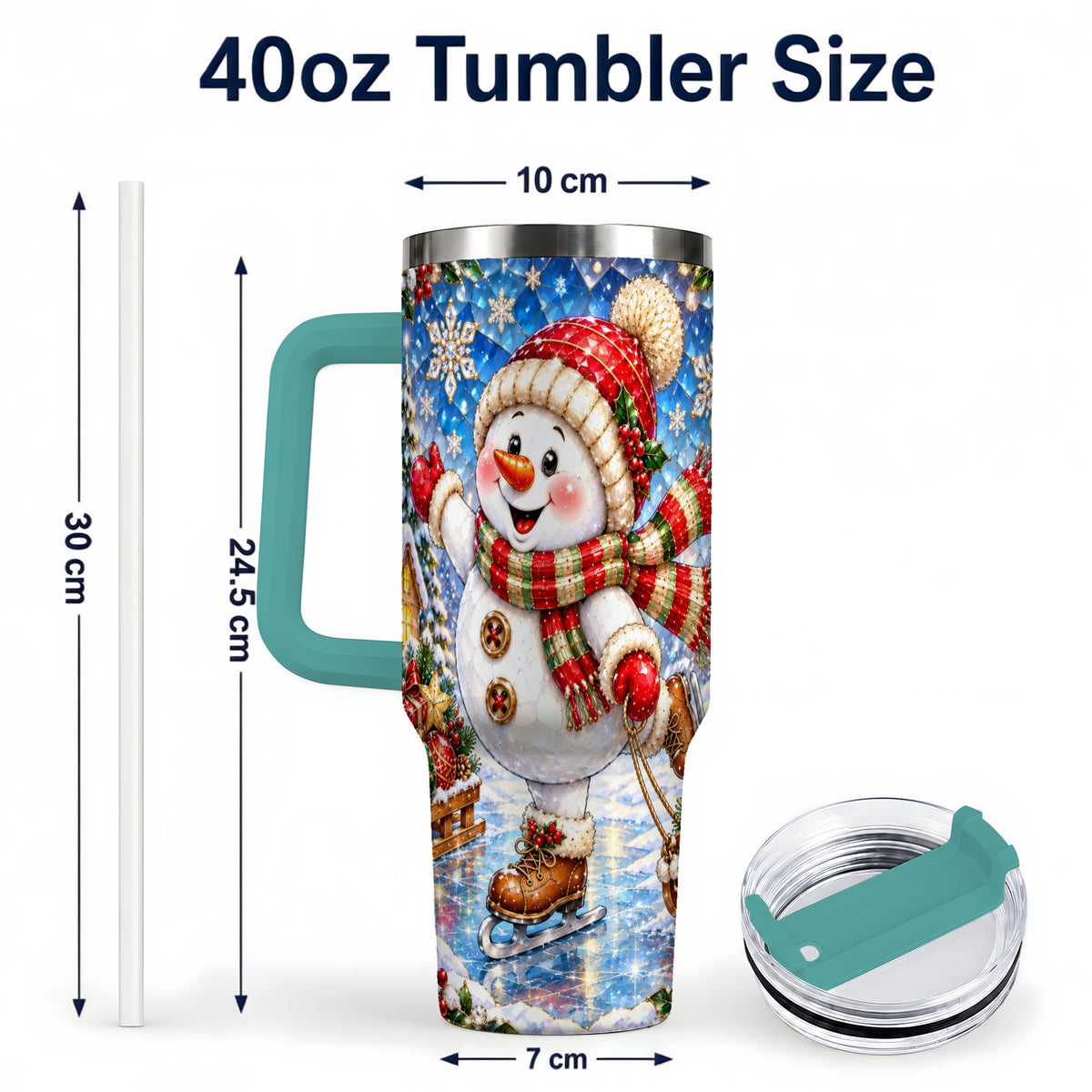 #pl[40oz|Green] Jeweled Snowman 40oz Tumbler with Handle, Winter Stainless Steel Cup