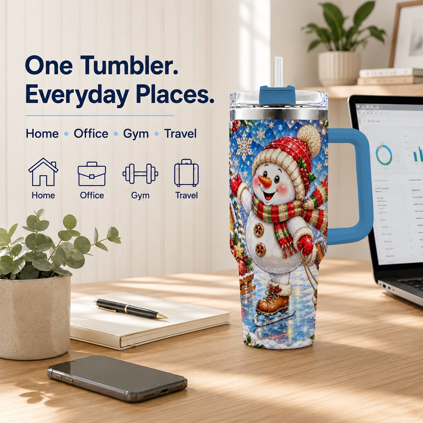 #pl[40oz|Blue] Jeweled Snowman 40oz Tumbler with Handle, Winter Stainless Steel Cup