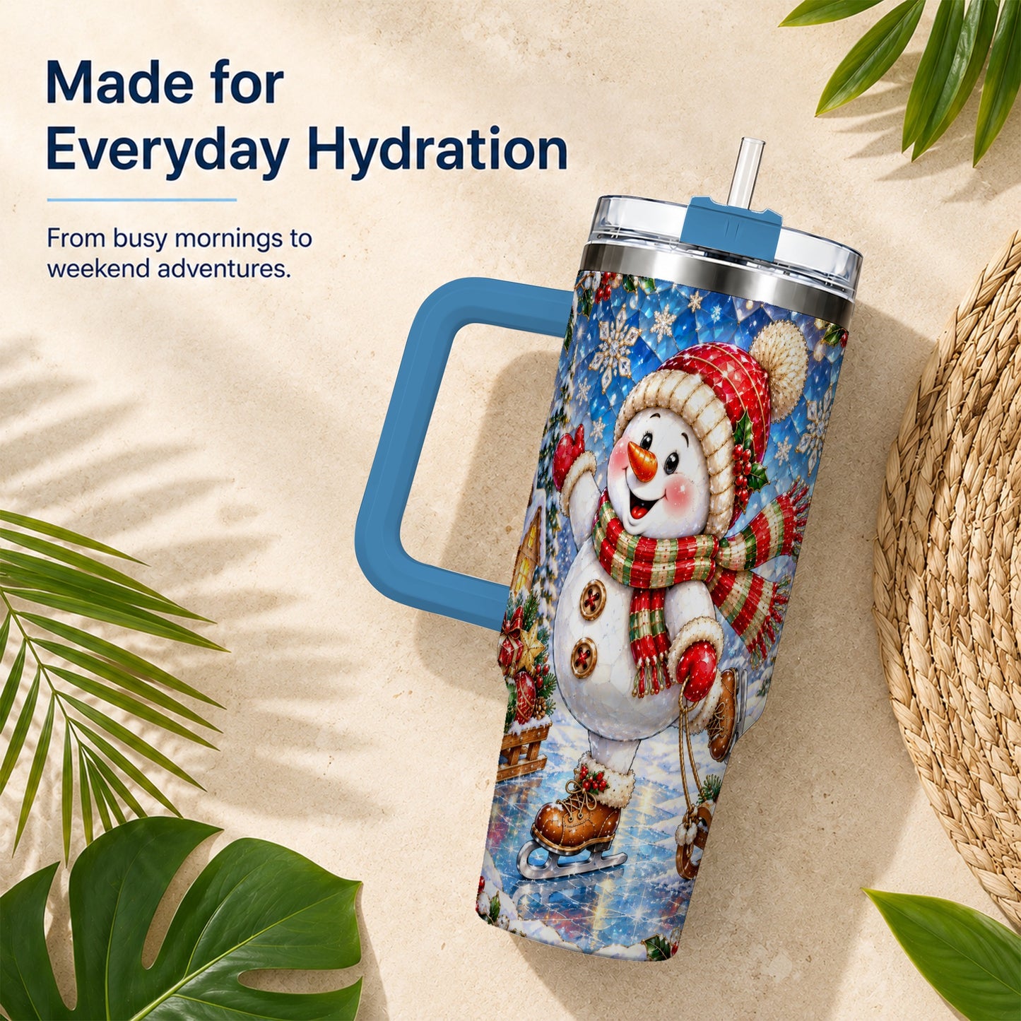 #pl[40oz|Blue] Jeweled Snowman 40oz Tumbler with Handle, Winter Stainless Steel Cup