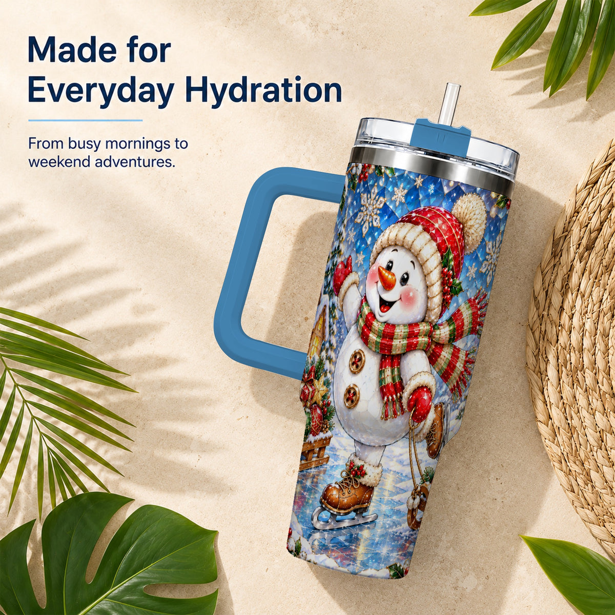 #pl[40oz|Blue] Jeweled Snowman 40oz Tumbler with Handle, Winter Stainless Steel Cup