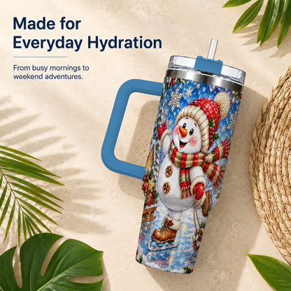 #pl[40oz|Blue] Jeweled Snowman 40oz Tumbler with Handle, Winter Stainless Steel Cup