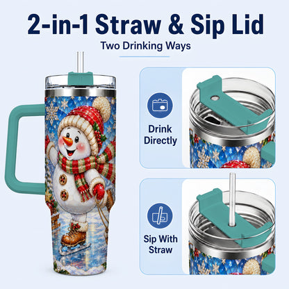#pl[40oz|Green] Jeweled Snowman 40oz Tumbler with Handle, Winter Stainless Steel Cup