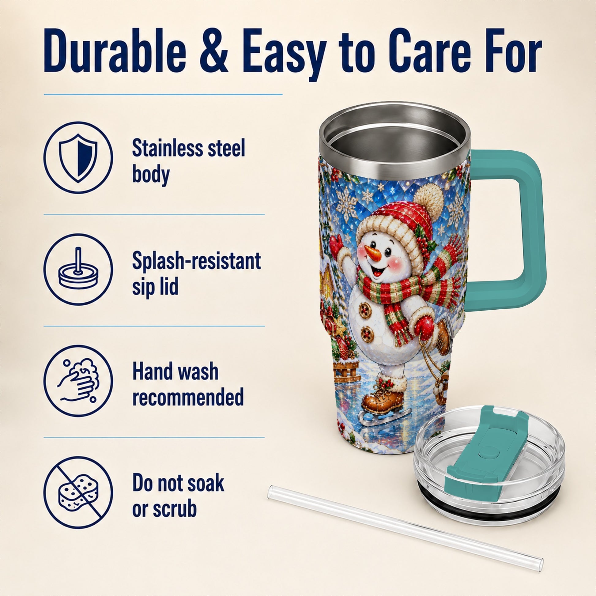 #pl[40oz|Green] Jeweled Snowman 40oz Tumbler with Handle, Winter Stainless Steel Cup