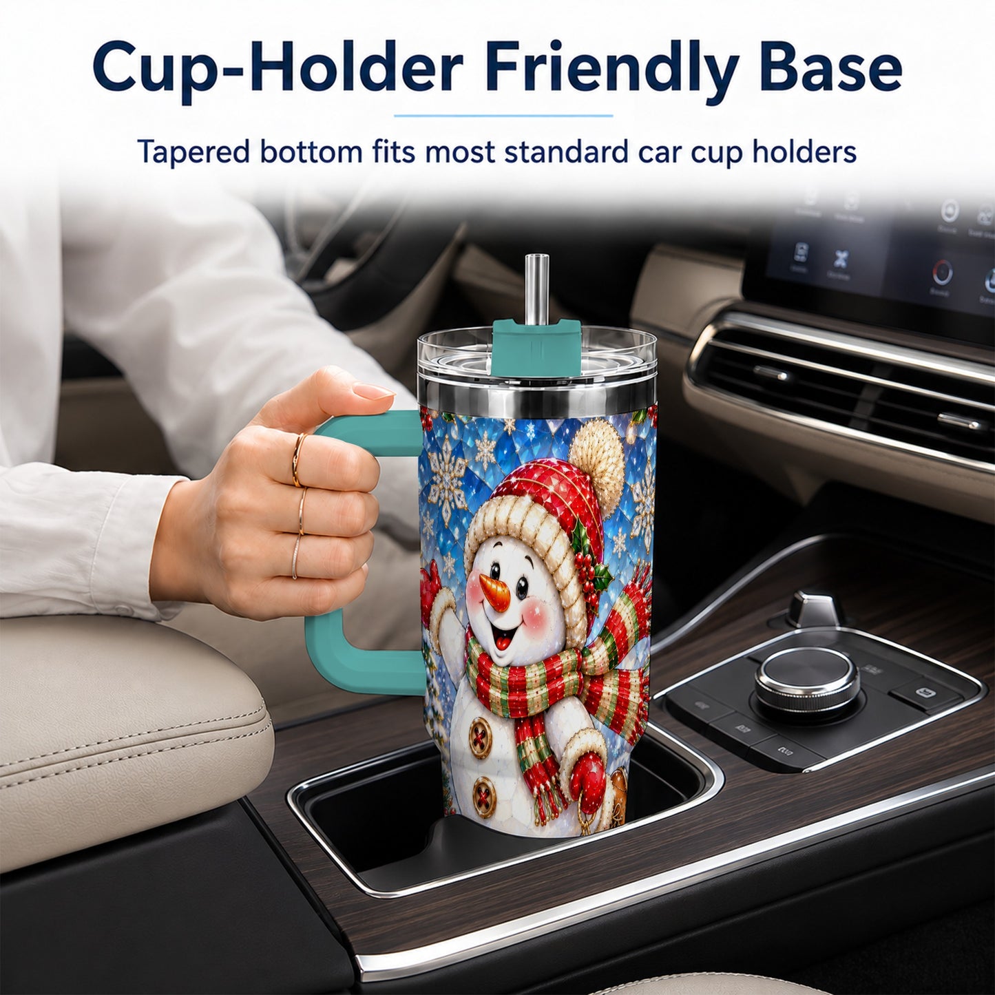 #pl[40oz|Green] Jeweled Snowman 40oz Tumbler with Handle, Winter Stainless Steel Cup
