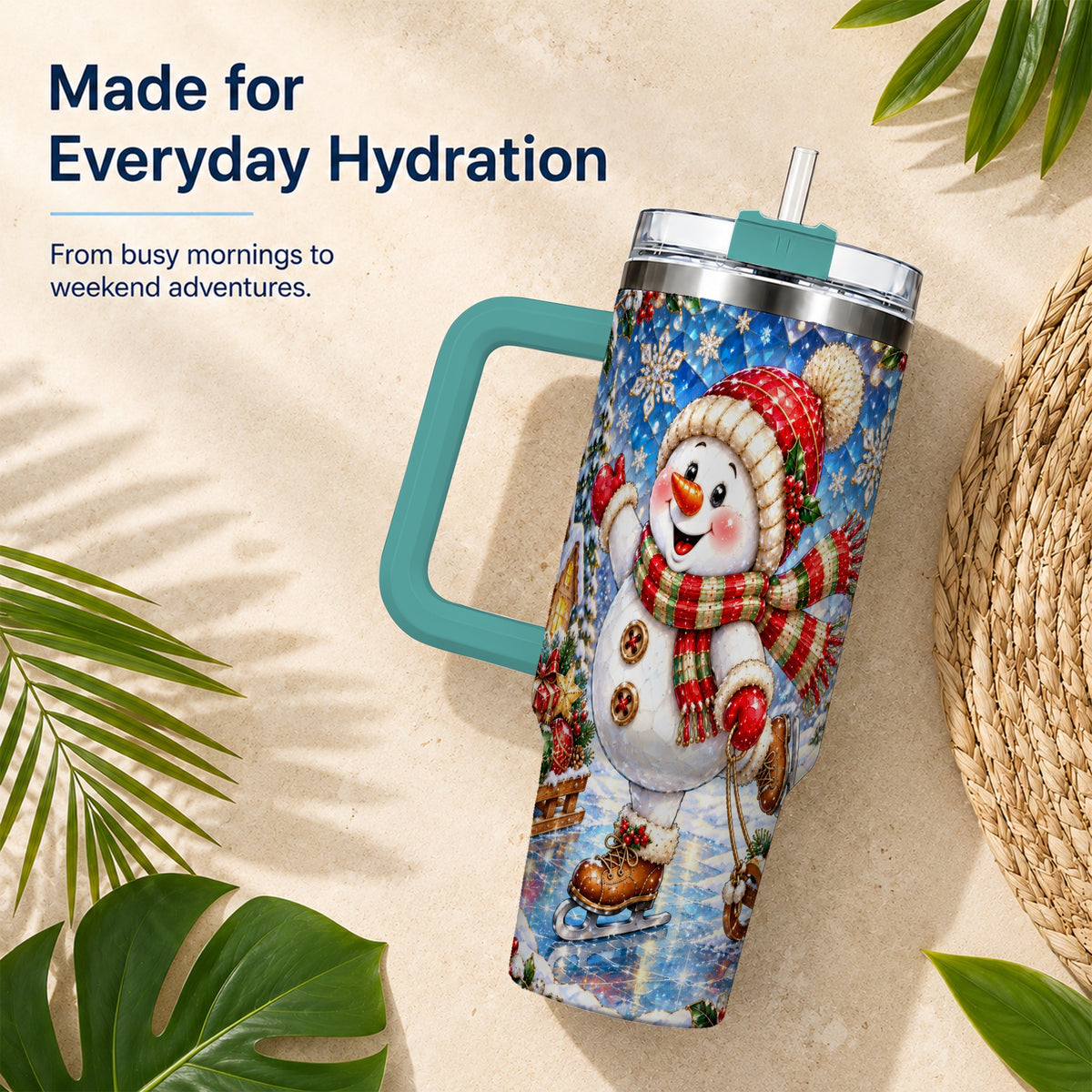 #pl[40oz|Green] Jeweled Snowman 40oz Tumbler with Handle, Winter Stainless Steel Cup