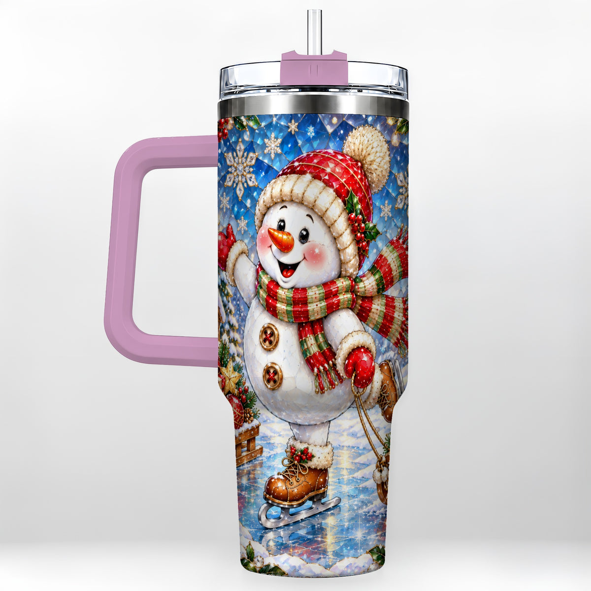 #pl[40oz|Pink] Jeweled Snowman 40oz Tumbler with Handle, Winter Stainless Steel Cup
