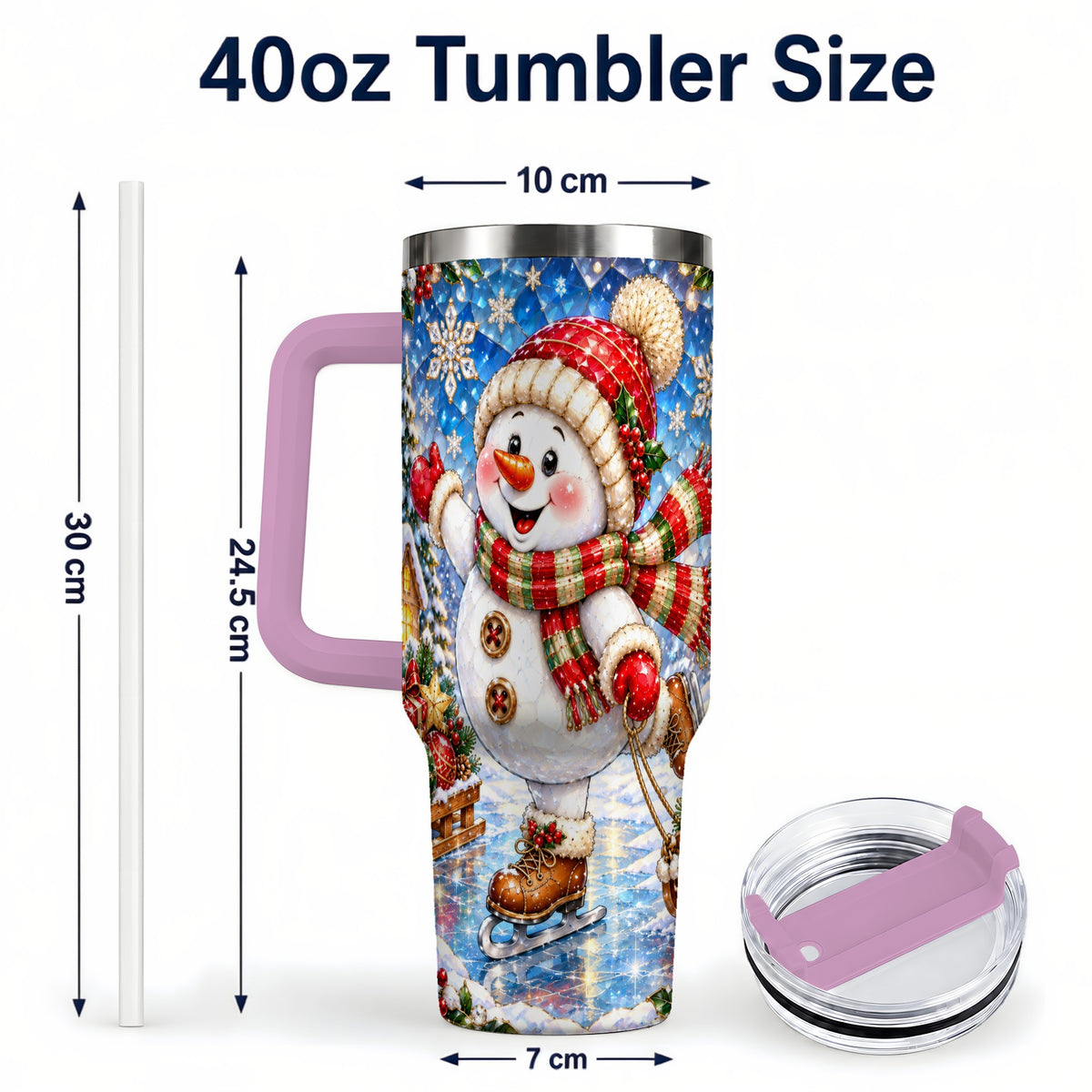 #pl[40oz|Pink] Jeweled Snowman 40oz Tumbler with Handle, Winter Stainless Steel Cup