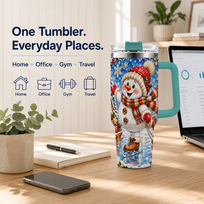 #pl[40oz|Green] Jeweled Snowman 40oz Tumbler with Handle, Winter Stainless Steel Cup