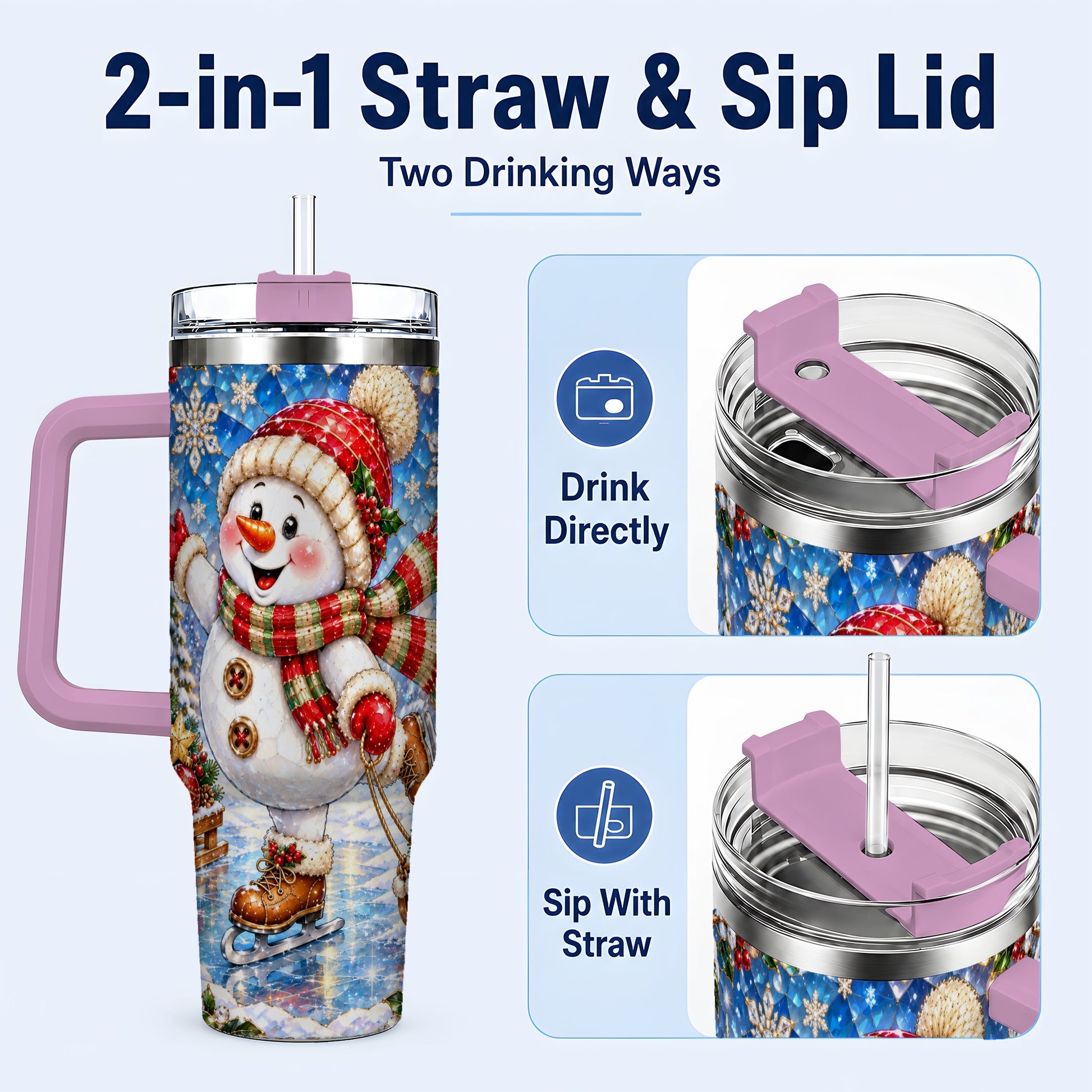 #pl[40oz|Pink] Jeweled Snowman 40oz Tumbler with Handle, Winter Stainless Steel Cup