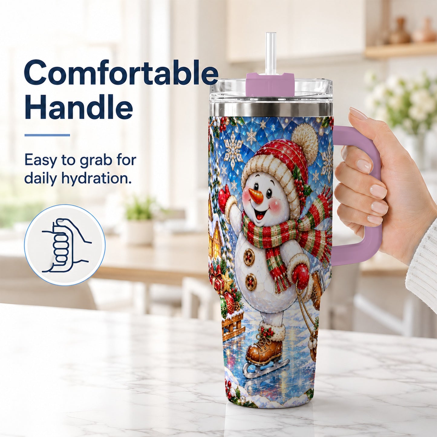 #pl[40oz|Pink] Jeweled Snowman 40oz Tumbler with Handle, Winter Stainless Steel Cup