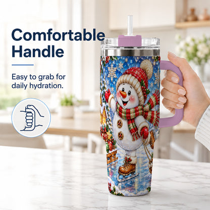 #pl[40oz|Pink] Jeweled Snowman 40oz Tumbler with Handle, Winter Stainless Steel Cup
