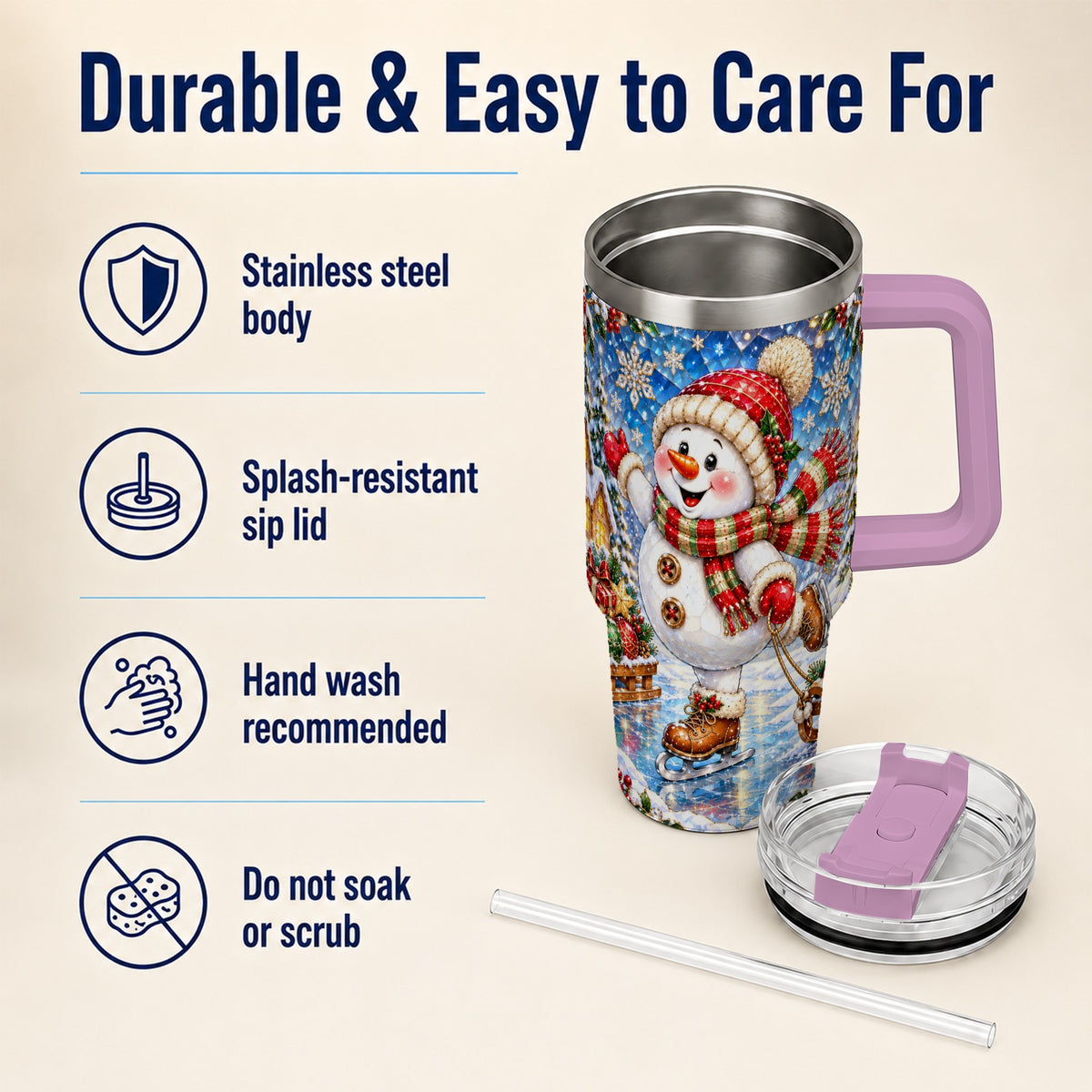 #pl[40oz|Pink] Jeweled Snowman 40oz Tumbler with Handle, Winter Stainless Steel Cup