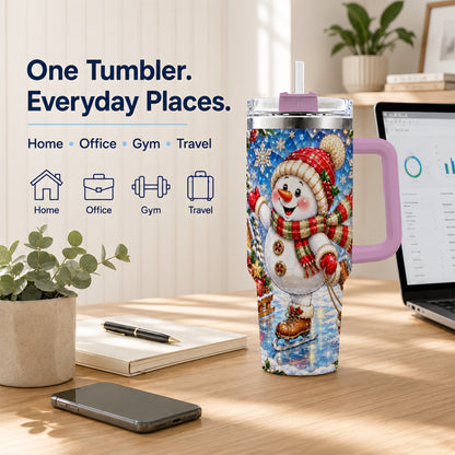 #pl[40oz|Pink] Jeweled Snowman 40oz Tumbler with Handle, Winter Stainless Steel Cup