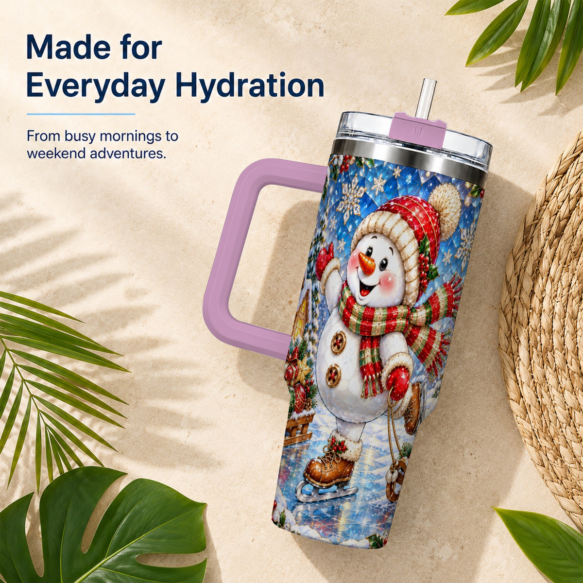 #pl[40oz|Pink] Jeweled Snowman 40oz Tumbler with Handle, Winter Stainless Steel Cup