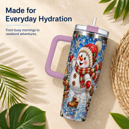 #pl[40oz|Pink] Jeweled Snowman 40oz Tumbler with Handle, Winter Stainless Steel Cup
