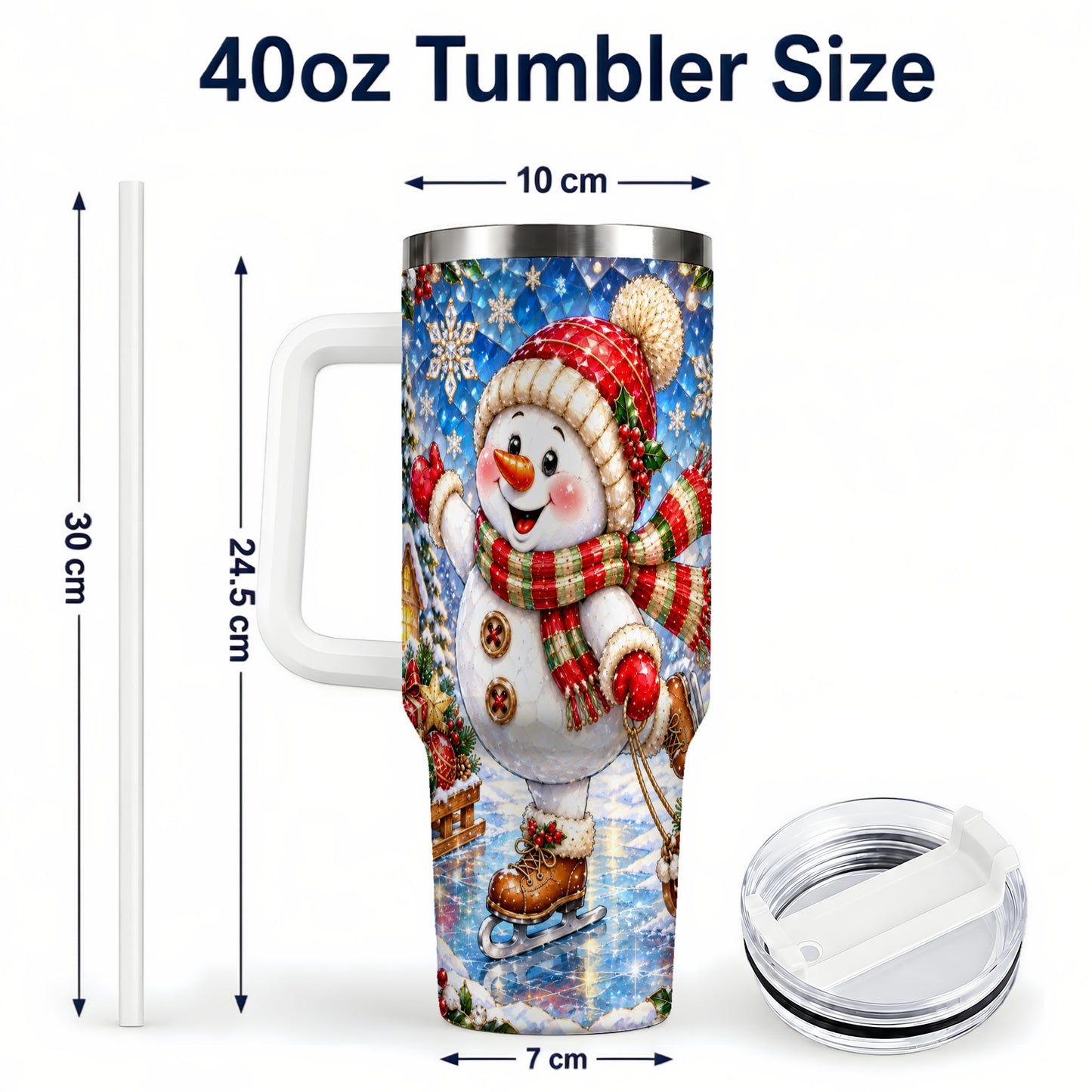 #pl[40oz|White] Jeweled Snowman 40oz Tumbler with Handle, Winter Stainless Steel Cup