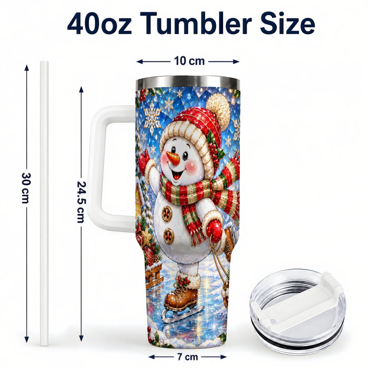 #pl[40oz|White] Jeweled Snowman 40oz Tumbler with Handle, Winter Stainless Steel Cup