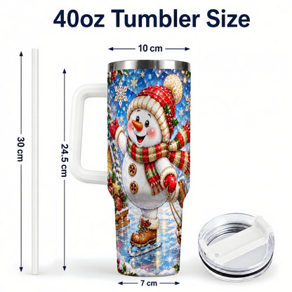 #pl[40oz|White] Jeweled Snowman 40oz Tumbler with Handle, Winter Stainless Steel Cup