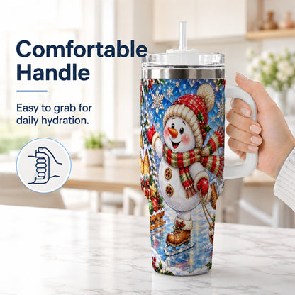 #pl[40oz|White] Jeweled Snowman 40oz Tumbler with Handle, Winter Stainless Steel Cup