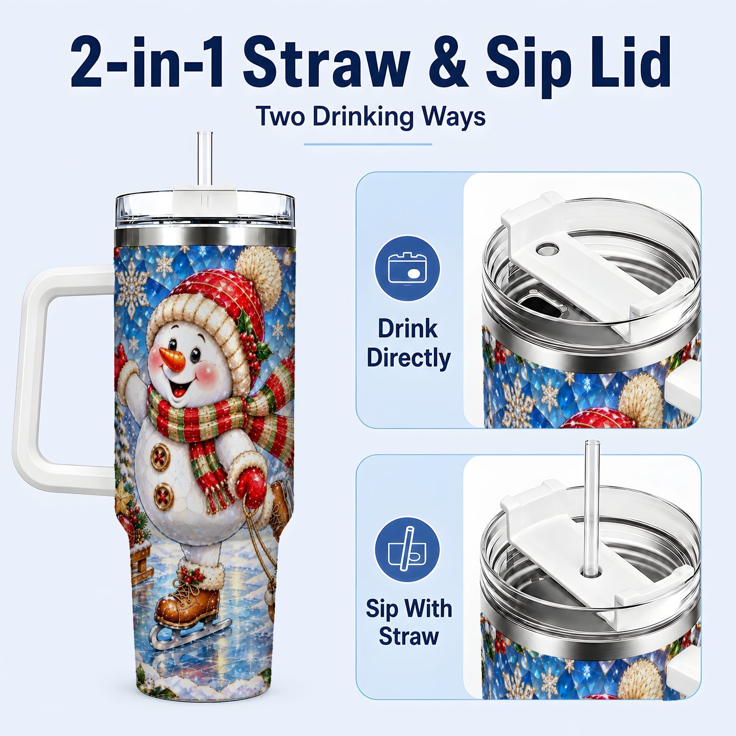 #pl[40oz|White] Jeweled Snowman 40oz Tumbler with Handle, Winter Stainless Steel Cup