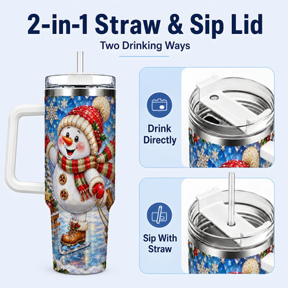 #pl[40oz|White] Jeweled Snowman 40oz Tumbler with Handle, Winter Stainless Steel Cup
