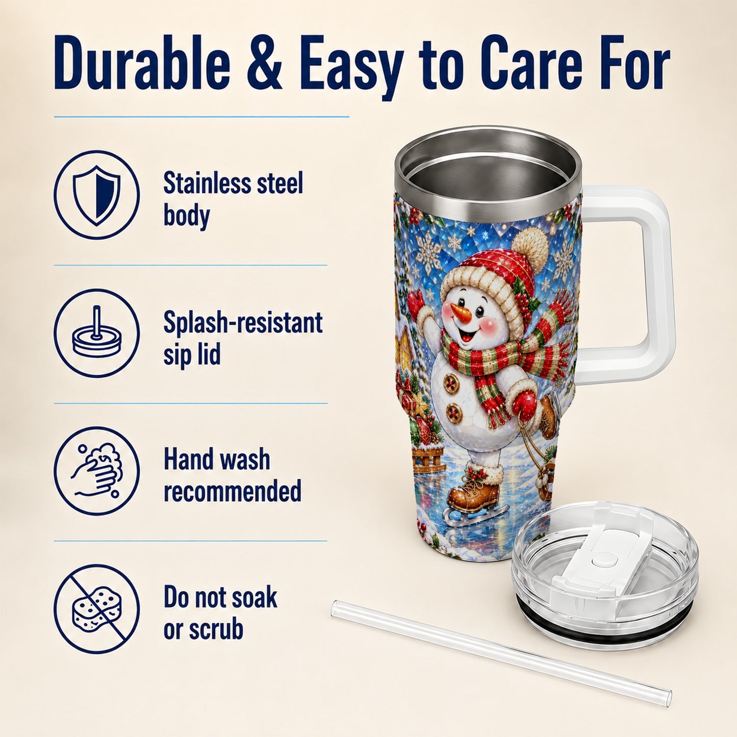#pl[40oz|White] Jeweled Snowman 40oz Tumbler with Handle, Winter Stainless Steel Cup