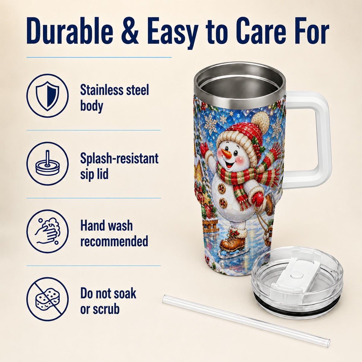 #pl[40oz|White] Jeweled Snowman 40oz Tumbler with Handle, Winter Stainless Steel Cup