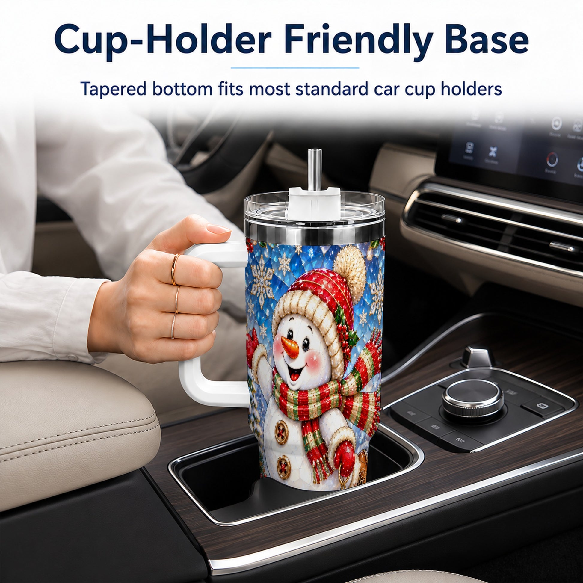 #pl[40oz|White] Jeweled Snowman 40oz Tumbler with Handle, Winter Stainless Steel Cup