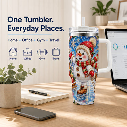 #pl[40oz|White] Jeweled Snowman 40oz Tumbler with Handle, Winter Stainless Steel Cup