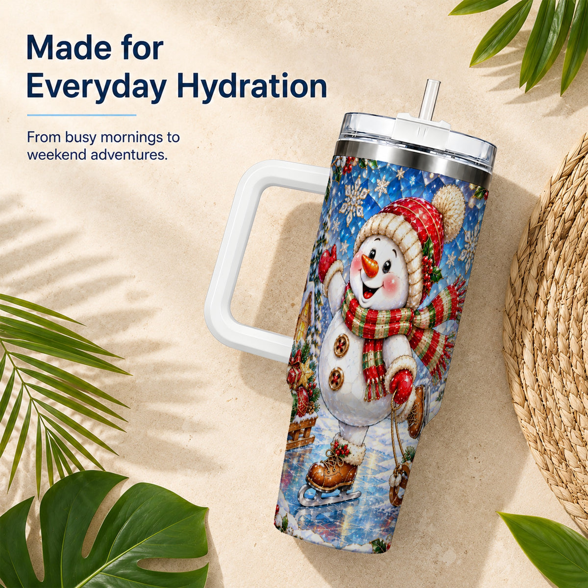 #pl[40oz|White] Jeweled Snowman 40oz Tumbler with Handle, Winter Stainless Steel Cup