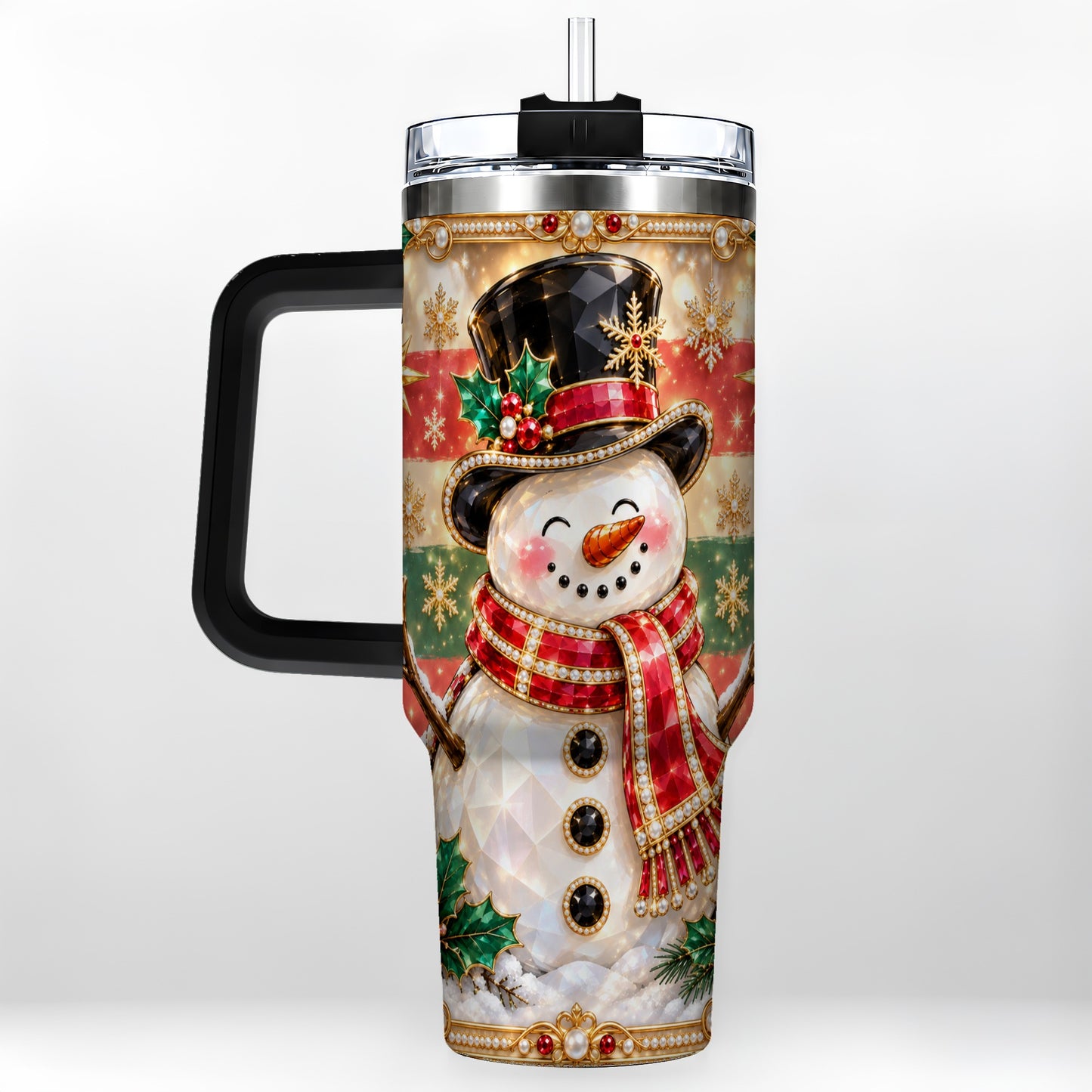 #pl[40oz|Black] Top Hat Snowman 40oz Tumbler with Handle, Winter Stainless Steel Cup