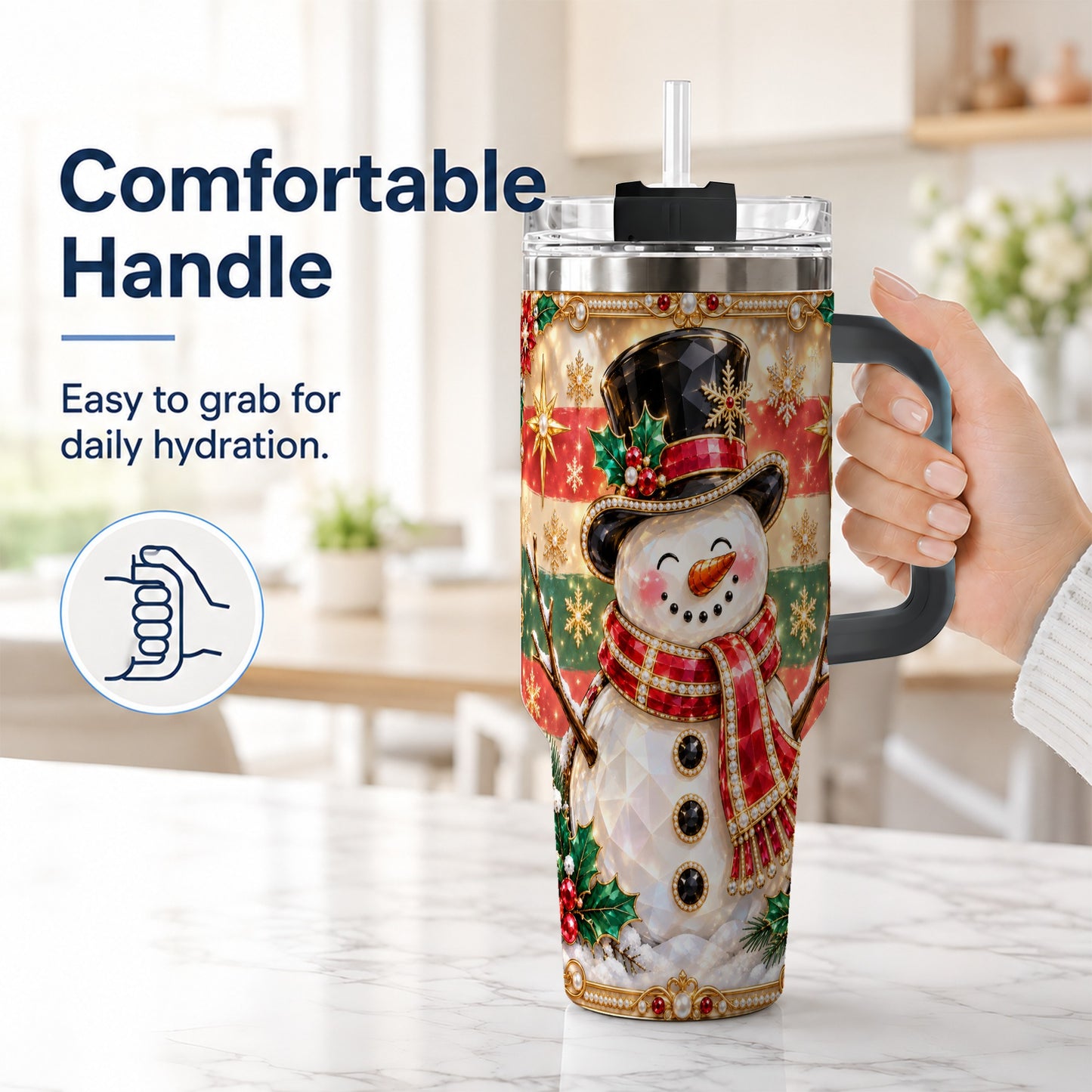 #pl[40oz|Black] Top Hat Snowman 40oz Tumbler with Handle, Winter Stainless Steel Cup