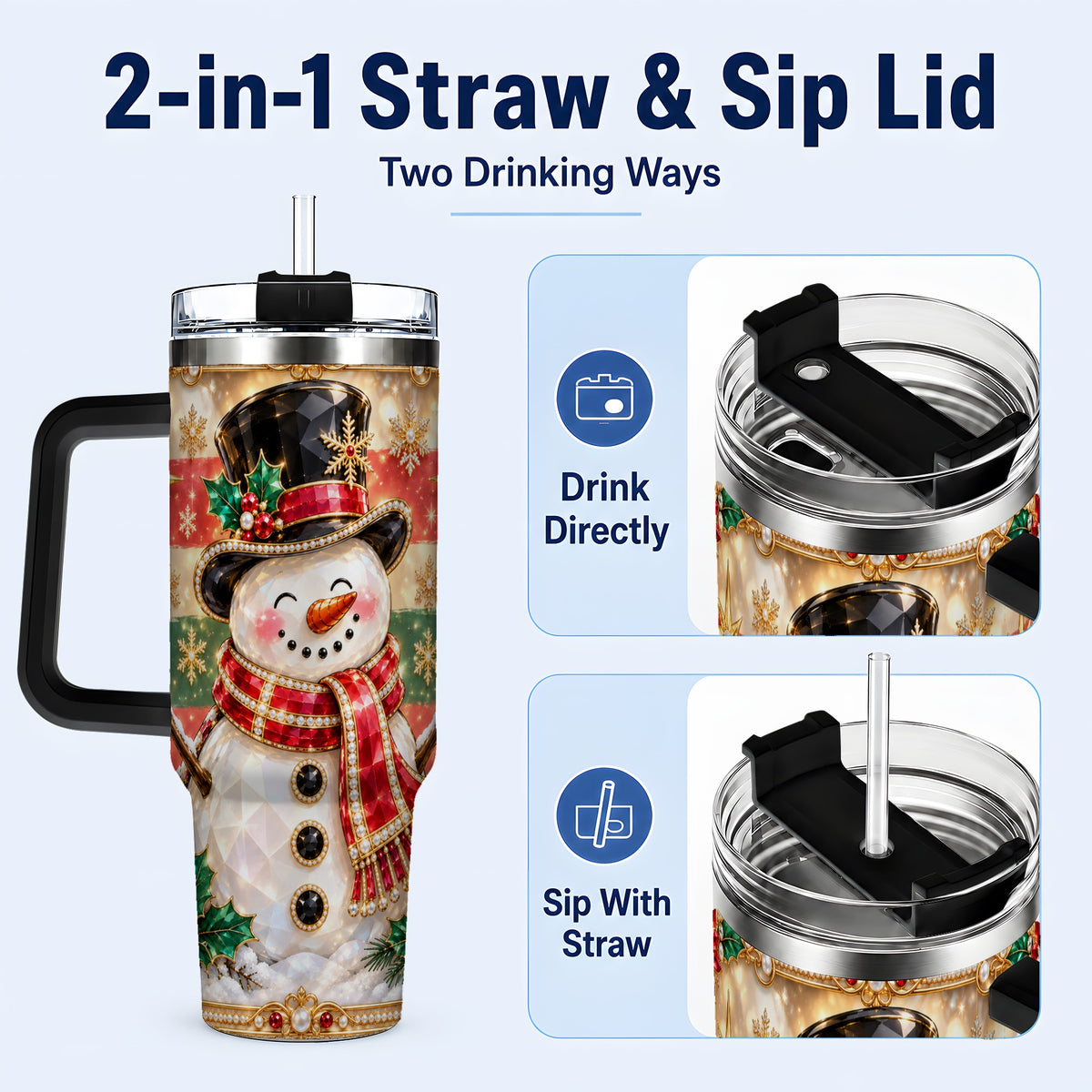 #pl[40oz|Black] Top Hat Snowman 40oz Tumbler with Handle, Winter Stainless Steel Cup