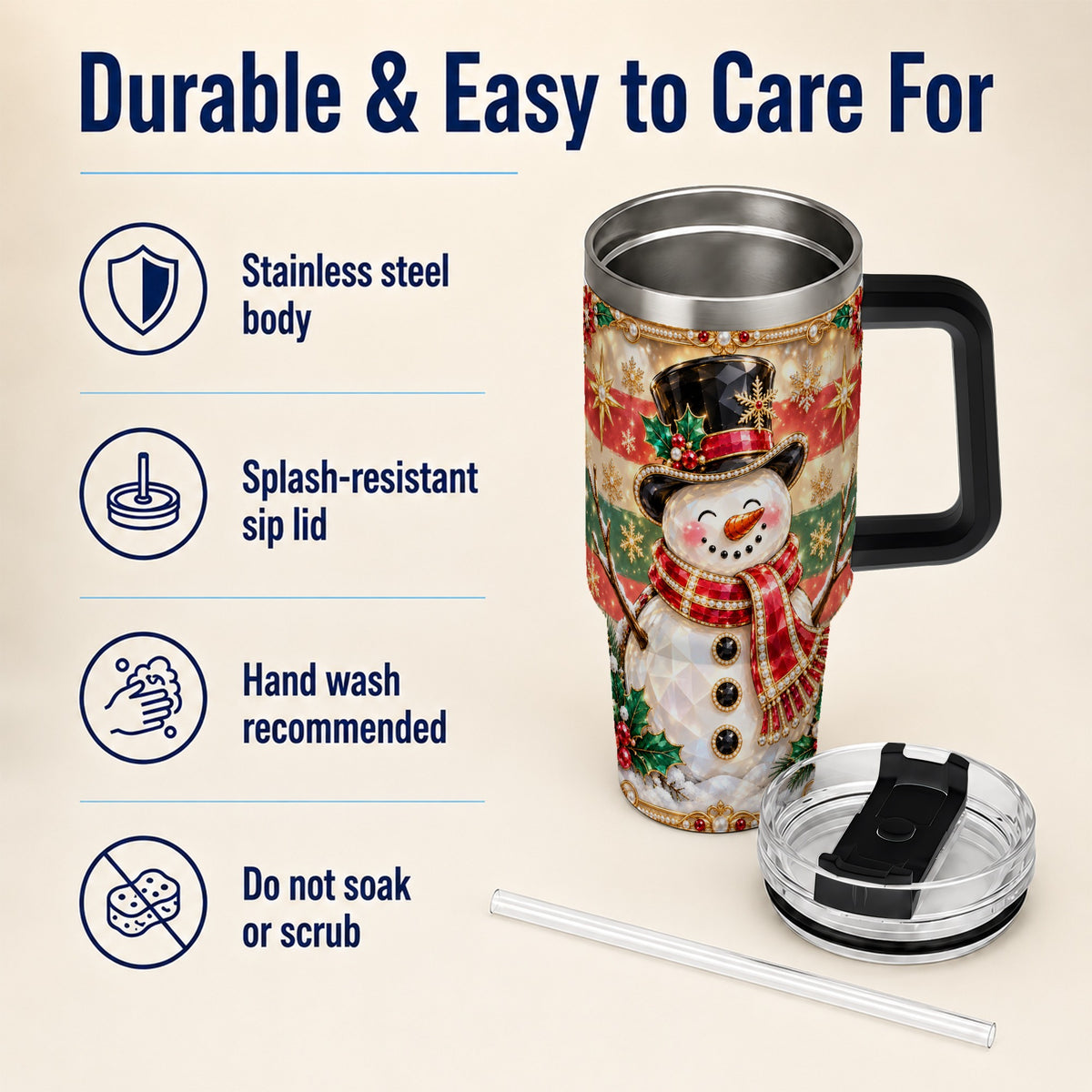 #pl[40oz|Black] Top Hat Snowman 40oz Tumbler with Handle, Winter Stainless Steel Cup