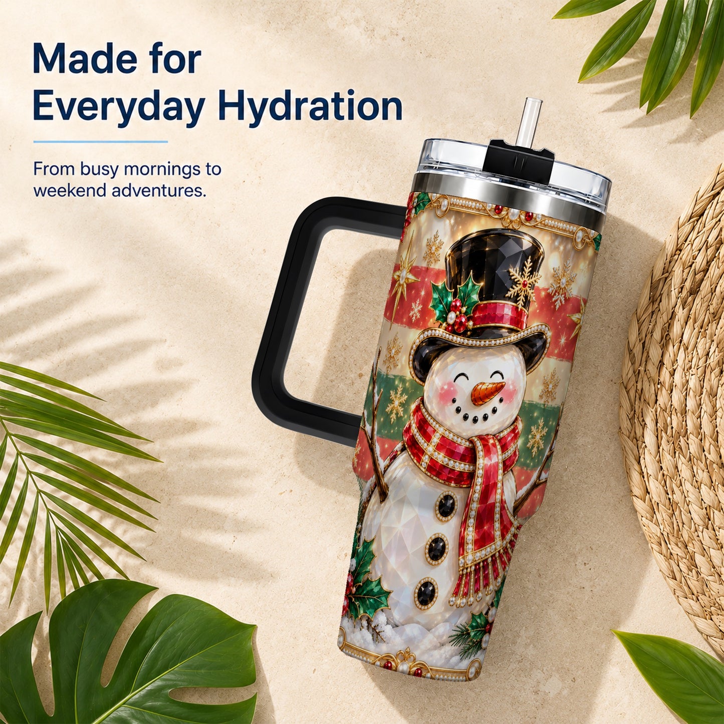 #pl[40oz|Black] Top Hat Snowman 40oz Tumbler with Handle, Winter Stainless Steel Cup