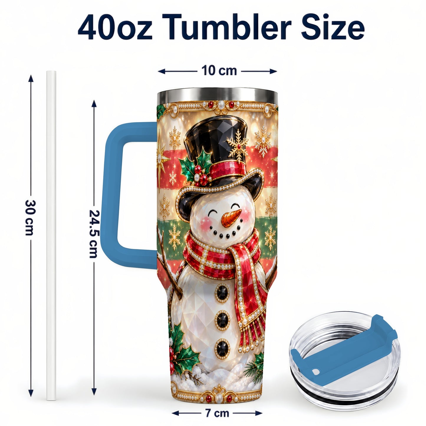 #pl[40oz|Blue] Top Hat Snowman 40oz Tumbler with Handle, Winter Stainless Steel Cup