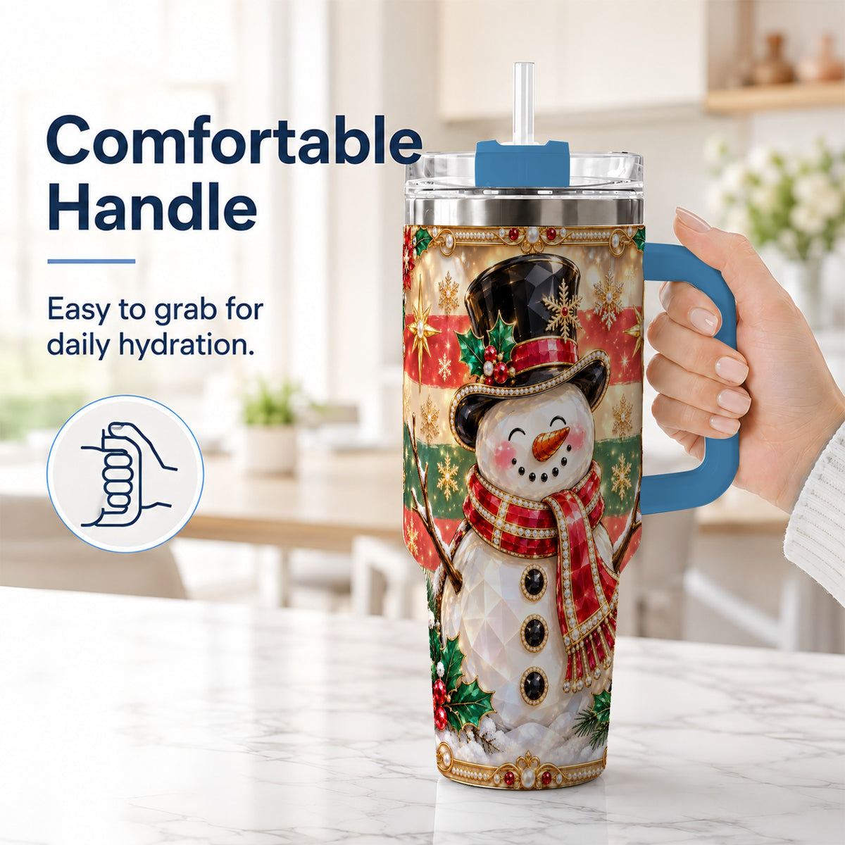 #pl[40oz|Blue] Top Hat Snowman 40oz Tumbler with Handle, Winter Stainless Steel Cup