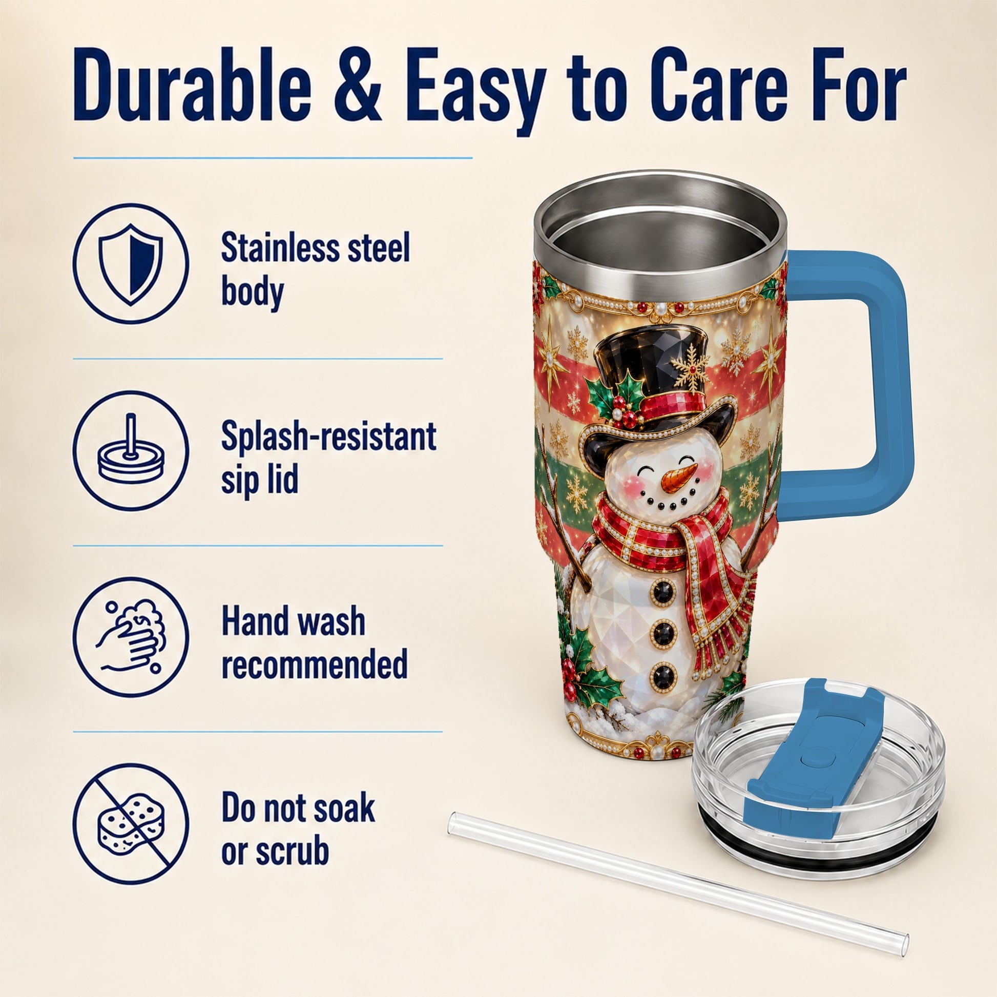 #pl[40oz|Blue] Top Hat Snowman 40oz Tumbler with Handle, Winter Stainless Steel Cup