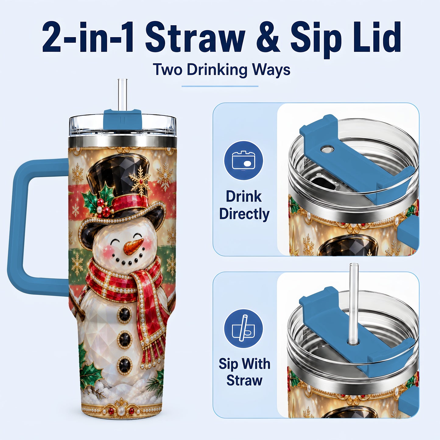 #pl[40oz|Blue] Top Hat Snowman 40oz Tumbler with Handle, Winter Stainless Steel Cup