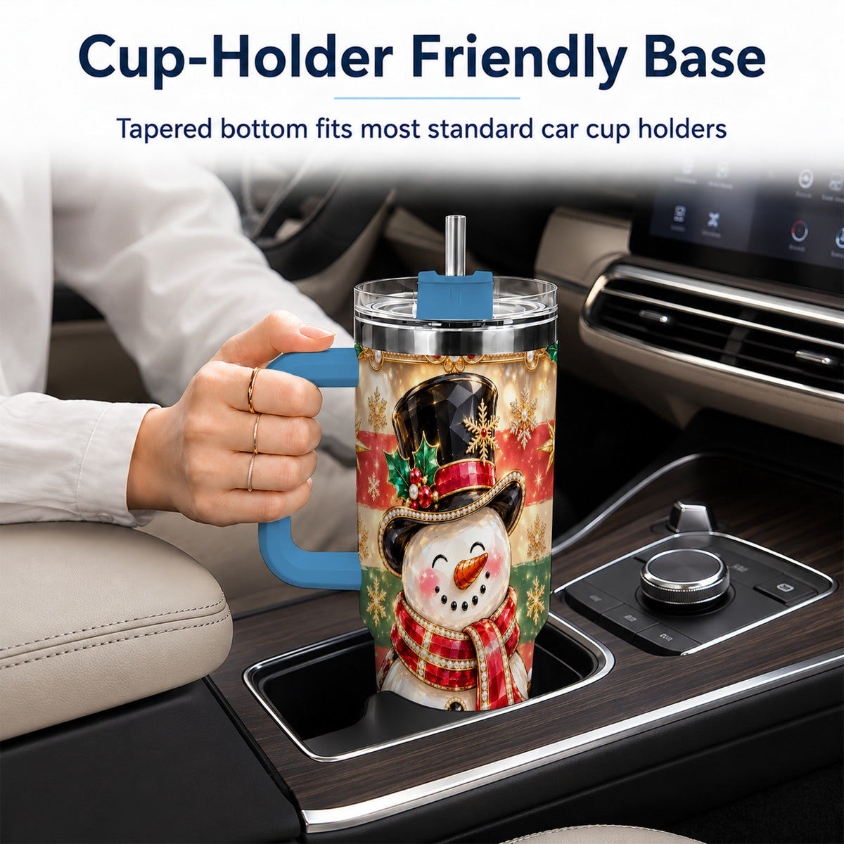 #pl[40oz|Blue] Top Hat Snowman 40oz Tumbler with Handle, Winter Stainless Steel Cup