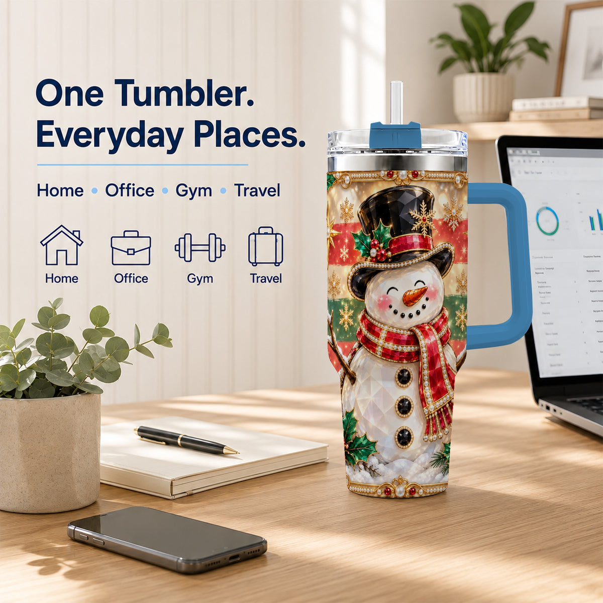 #pl[40oz|Blue] Top Hat Snowman 40oz Tumbler with Handle, Winter Stainless Steel Cup